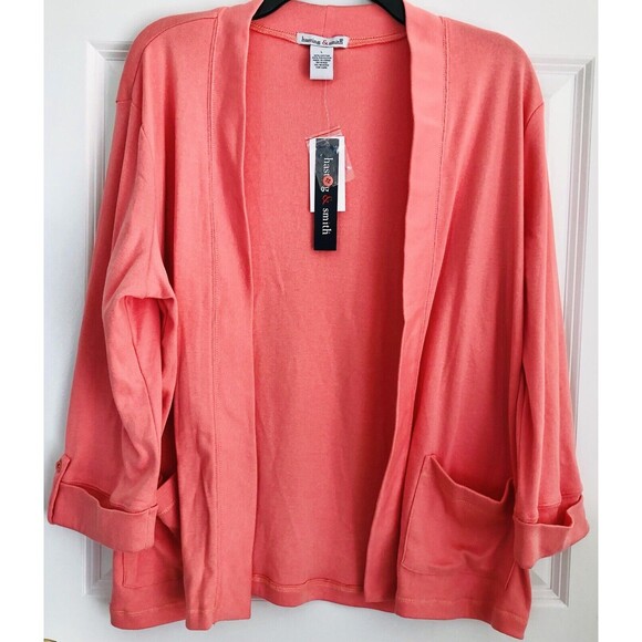 CARDIGAN WOMEN'S SWEATER OPEN FRONT PEACH BLOSSOM TWO POCKETS AT FRONT COLLARLES - Picture 2 of 6